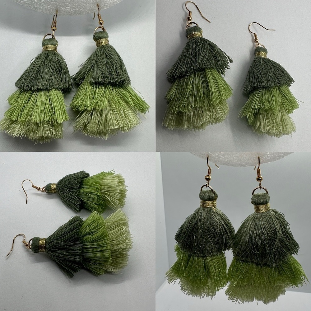 ✨💚 NWT Boho Chic Olive & Lime Green Tiered Tassel Dangle Earrings, Gold Accent✨